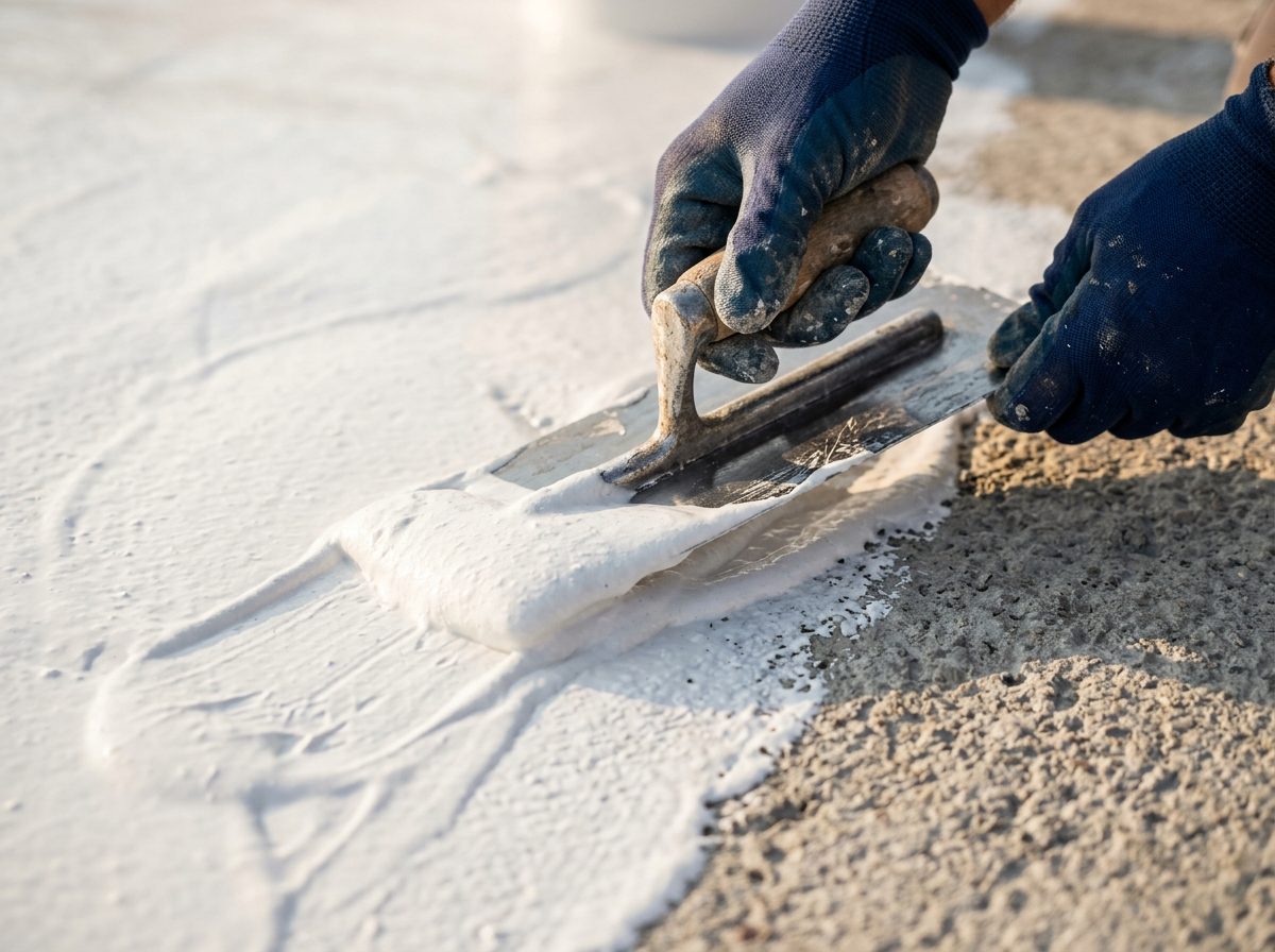 لقطة قريبة ليدين ترتديان قفازات تطبق طبقة عزل مائي أبيض على سطح خرساني